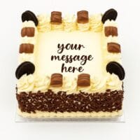 Kinder and Oreo fresh cream birthday cake with chocolate flakes, Kinder chocolate bars, Oreo biscuits, and personalised message