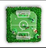 Egg-free football pitch birthday cake decorated with an edible football field, player figures, goalposts and grass-effect piping.