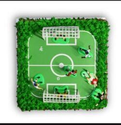 Egg-free football pitch birthday cake decorated with an edible football field, player figures, goalposts and grass-effect piping.