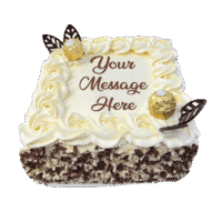 Egg Free Ferrero Chocolate Celebration Cake decorated with Ferrero chocolates, chocolate leaves, mixed chocolate curls and a personalised message.