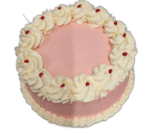 Custom pink celebration cake with elegant cream swirls, cherry accents and personalised message option