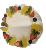 Custom fresh fruit celebration cake decorated with strawberries, kiwi, pineapple and blueberries with personalised message option
