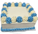 Square Egg Free birthday cake featuring a smooth cream finish, blue and white cream borders and a custom message area.