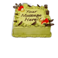 Pistachio square celebration cake with strawberries and chocolates in Sheffield