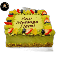 pistachio square celebration cake with strawberries and chocolates in Sheffield