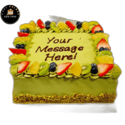 pistachio square celebration cake with strawberries and chocolates in Sheffield