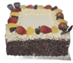 Custom fresh fruit and chocolate celebration cake decorated with strawberries, pineapple and chocolate pieces with personalised message option
