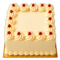 Egg Free Classic Celebration Cake with cream swirls, red cherries and smooth icing, handmade in Sheffield