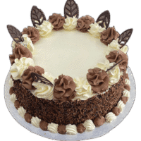 Egg Free Chocolate Celebration Cake with chocolate sprinkles, chocolate fans and chocolate icing decoration, handmade in Sheffield