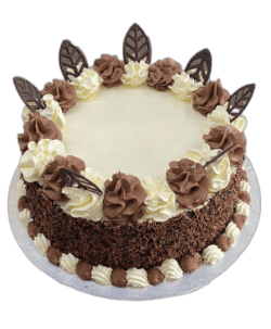 Egg Free Chocolate Celebration Cake with chocolate sprinkles, chocolate fans and chocolate icing decoration, handmade in Sheffield