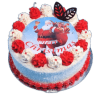 Egg Free Christmas Santa Photo Cake with edible Santa image, red and white icing decoration and festive design, handmade in Sheffield