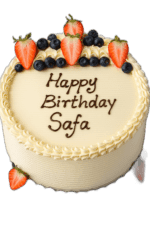 Egg Free Fresh Strawberry & Blueberry Celebration Cake decorated with fresh strawberries, blueberries, cream swirls and a personalised birthday message.