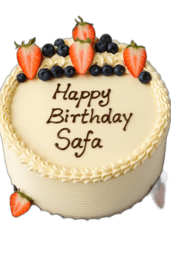 Egg Free Fresh Strawberry & Blueberry Celebration Cake decorated with fresh strawberries, blueberries, cream swirls and a personalised birthday message.