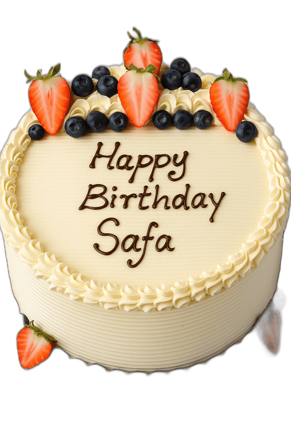 Fresh Strawberry & Blueberry Celebration Cake Egg Free Fresh Strawberry & Blueberry Celebration Cake decorated with fresh strawberries, blueberries, cream swirls and a personalised birthday message.