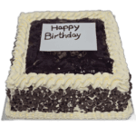Custom Black Forest Gateau Cake with rich chocolate topping, chocolate curls and personalised birthday message, handmade in Sheffield