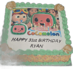 Square Egg Free Cocomelon Edible Image Celebration Cake featuring colourful character artwork, rainbow sprinkle coating and custom birthday message.