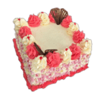 Custom square birthday cake with pink and white decorations, fresh strawberries and personalised chocolate writing