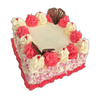 Custom square birthday cake with pink and white decorations, fresh strawberries and personalised chocolate writing