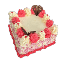 Custom square birthday cake with pink and white decorations, fresh strawberries and personalised chocolate writing