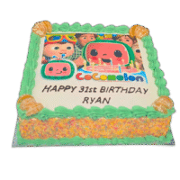Egg Free Cocomelon Photo Birthday Cake with an edible Cocomelon image, green cream borders, rainbow sprinkle sides and a personalised message.