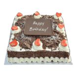Square Egg Free chocolate celebration cake with fresh strawberry halves, chocolate shavings, chocolate sprinkle sides and custom chocolate message plaque.