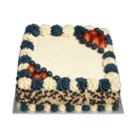 Square Egg Free fresh berry cake with a smooth cream finish, mixed chocolate shaving sides, fresh berries and custom birthday message.