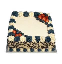 Square Egg Free fresh berry cake with a smooth cream finish, mixed chocolate shaving sides, fresh berries and custom birthday message.