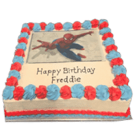 Egg Free square Spider Hero photo celebration cake with an edible character image, red and blue cream border, and personalised birthday message.