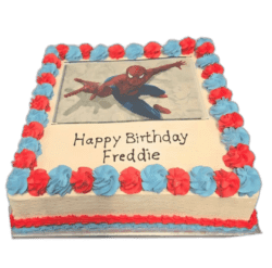 Egg Free square Spider Hero photo celebration cake with an edible character image, red and blue cream border, and personalised birthday message.