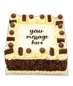 Egg Free Chocolate Flake Celebration Cake decorated with chocolate flake pieces, chocolate balls and a personalised message