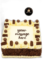 Square Egg Free chocolate celebration cake with a smooth cream finish, chocolate flake sides, chocolate decorations and custom message area.