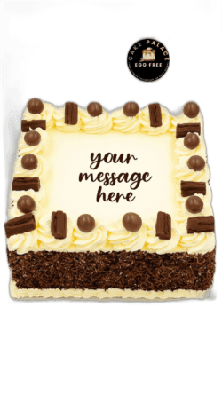 Square Egg Free chocolate celebration cake with a smooth cream finish, chocolate flake sides, chocolate decorations and custom message area.