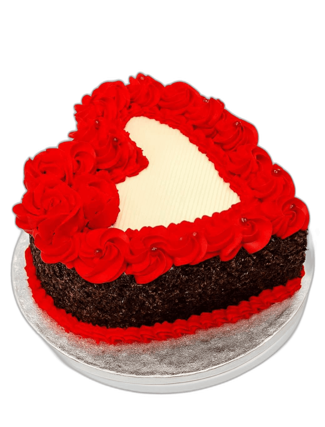 Red Heart Celebration Cake Egg Free red heart-shaped celebration cake with red rose decorations and chocolate flakes around the sides