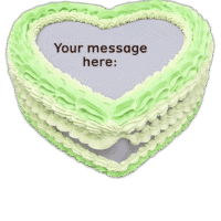 Egg Free heart-shaped celebration cake with elegant green and white decorative piping and personalised message option