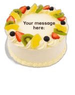 Egg Free Fresh Fruit Celebration Cake topped with strawberries, kiwi, pineapple and blueberries, handmade in Sheffield