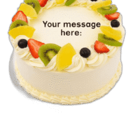Egg Free Fresh Fruit Celebration Cake topped with strawberries, kiwi, pineapple and blueberries, handmade in Sheffield