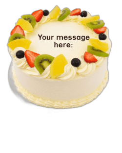 Egg Free Fresh Fruit Celebration Cake topped with strawberries, kiwi, pineapple and blueberries, handmade in Sheffield