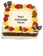 Egg Free Fresh Fruit & Chocolate Celebration Cake with strawberries, pineapple, chocolate curls and chocolate flakes