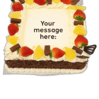 Egg Free Fresh Fruit & Chocolate Celebration Cake with strawberries, pineapple, chocolate curls and chocolate flakes