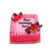 Egg Free Pink Berry Celebration Cake decorated with fresh strawberries, blueberries, raspberries, blackberries and chocolate decorations