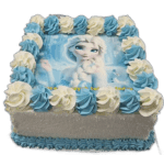 Egg Free Frozen Elsa photo birthday cake with blue and white decorative piping made in Sheffield