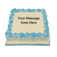 Egg Free Blue Drip Celebration Cake with blue icing border, drip design and personalised message, handmade in Sheffield