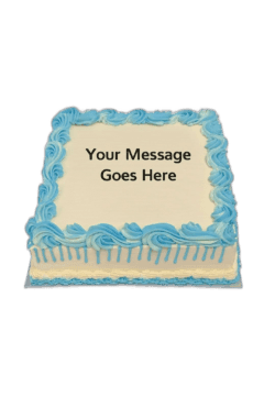 Egg Free Blue Drip Celebration Cake with blue icing border, drip design and personalised message, handmade in Sheffield