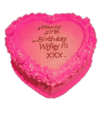 Egg Free Pink Heart Celebration Cake with a vibrant pink cream finish, decorative cream border, edible pearls and a personalised message.