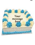 Egg Free Blue & White Celebration Cake with blue and white cream swirls and a personalised message.