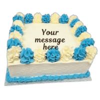 Egg Free Blue & White Celebration Cake with blue and white cream swirls and a personalised message.