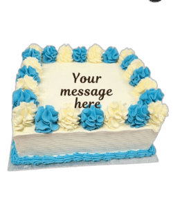 Egg Free Blue & White Celebration Cake with blue and white cream swirls and a personalised message.