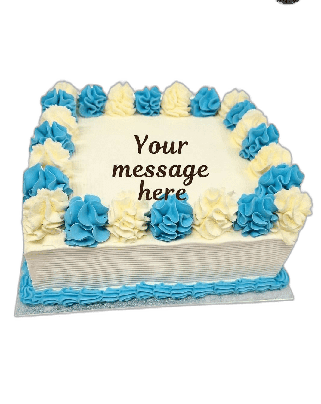 Classic Blue Birthday Cake Egg Free Blue & White Celebration Cake with blue and white cream swirls and a personalised message.