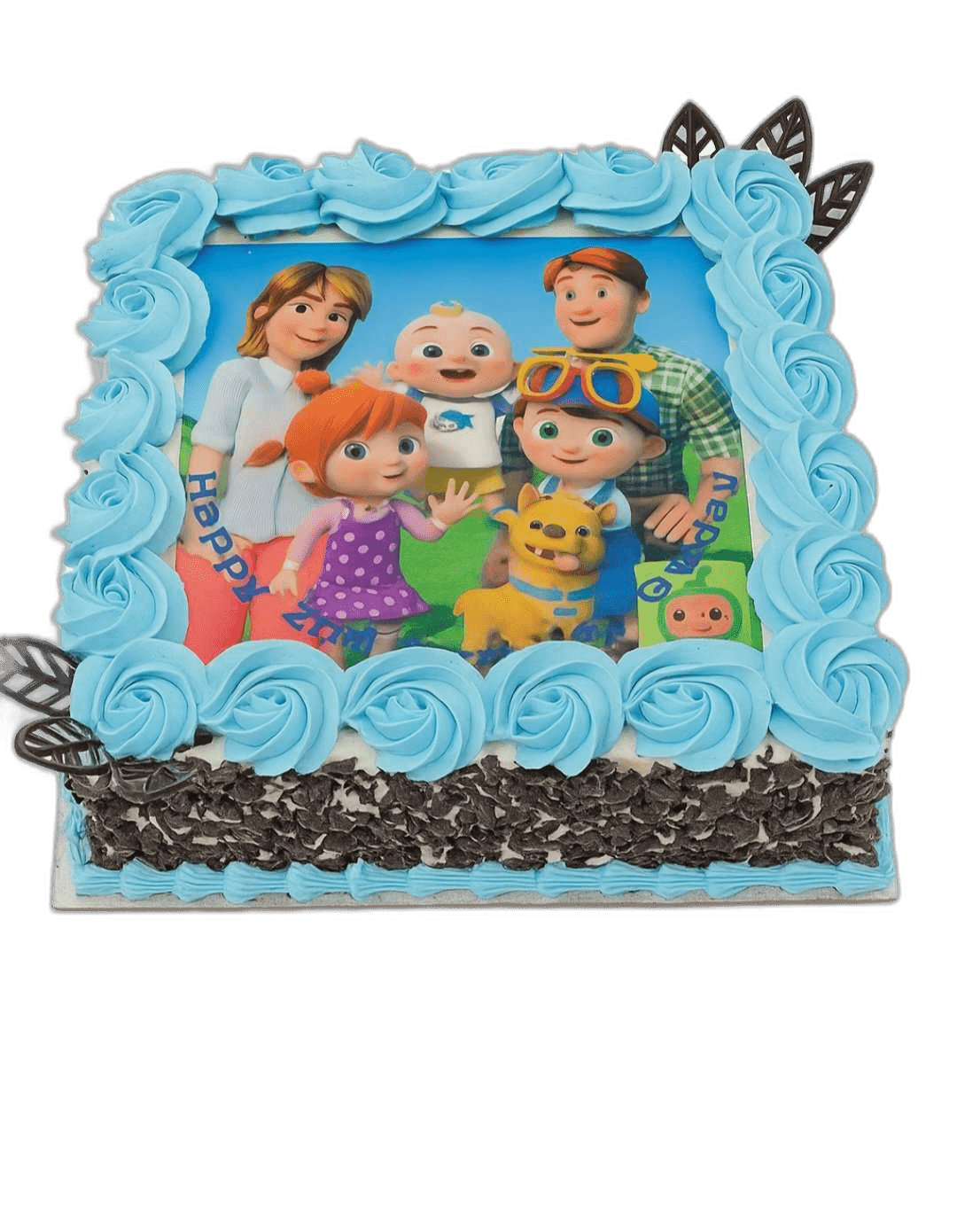 Personalised photo birthday cake with an edible printed image, fresh cream decoration and custom birthday message from Cake Palace Sheffield.