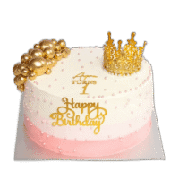 Pink and gold princess crown birthday cake decorated with a luxury gold crown topper, gold spheres, edible pearl details and personalised birthday message.